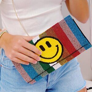 Happy Days Pride Rainbow Emoji Smiley Face 2-Sided Beaded Clutch Crossbody NEW